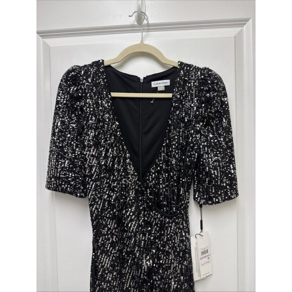 NWT Calvin Klein Women's Size 6 Bkack Short Sleeve Sequin Sheath Cocktail Dress - Picture 4 of 11